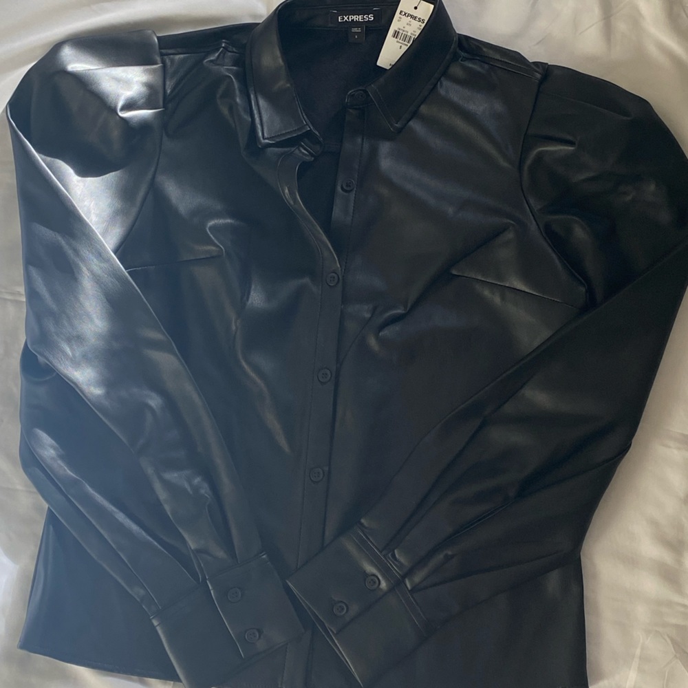 EXPRESS black faux leather button up shirt